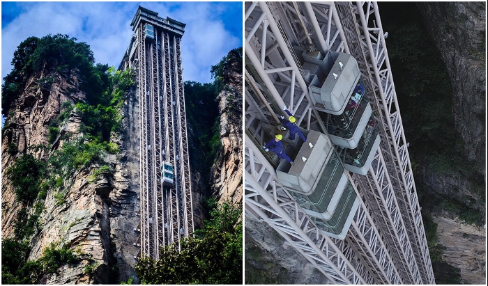 Прозрачная двухэтажная кабина лифта вмещает 50 человек (Zhangjiajie National Forest Park, Китай). 