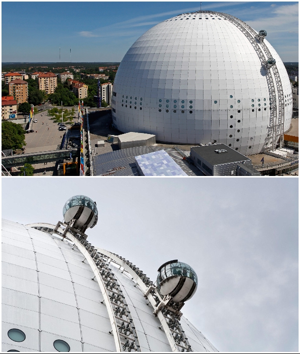 Уникальный лифт Globen Skyview на огромной полусфере Ericsson Globe Arena – впечатляющее зрелище (Стокгольм, Швеция).