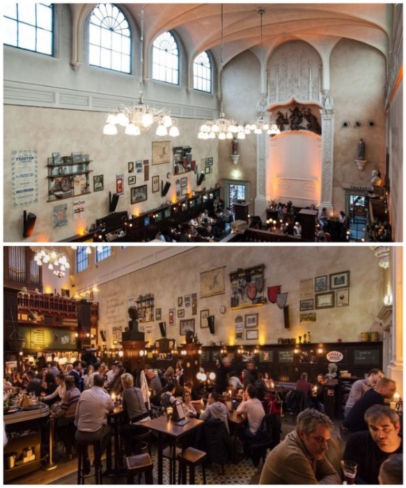 Теперь вместо духовной пищи в старинной церкви пиво льется рекой (Olivier Cafe, Нидерланды). | Фото: toloveamsterdam.com.
