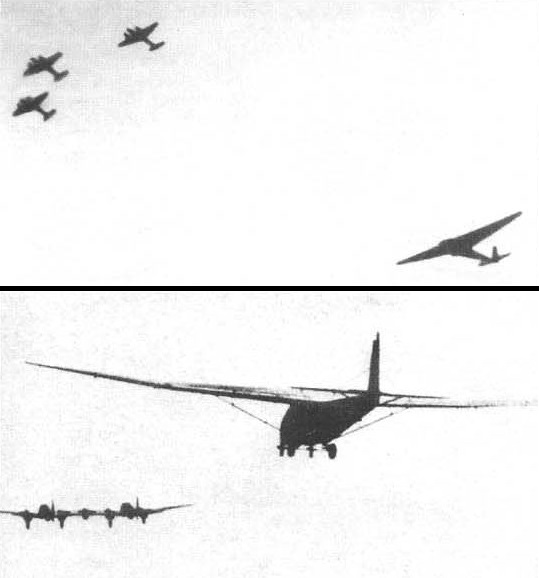 Планер Me.321 буксируется с помощью трех Bf.110C (вверху) и He.111Z Zwilling (внизу).