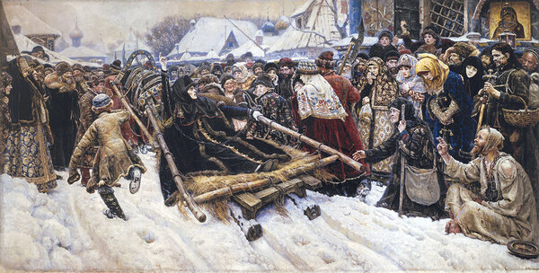 Сподвижница протопопа Аввакума Феодосия Морозова (1632–1675) за приверженность к «старой вере» была лишена имения и заточена в монастырскую тюрьму. Василий Суриков «Боярыня Морозова» (1884-1887) Сподвижница протопопа Аввакума Феодосия Морозова (1632–1675) за приверженность к «старой вере» была лишена имения и заточена в монастырскую тюрьму. Василий Суриков «Боярыня Морозова» (1884-1887)